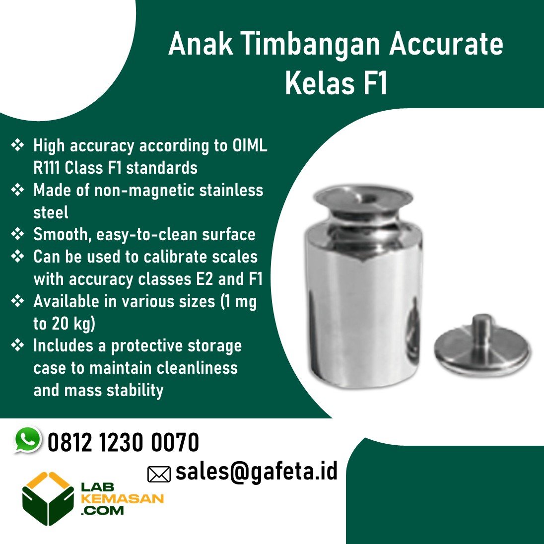 Jual anak timbangan F1 Accurate bahan stainless untuk kalibrasi atau farmasi