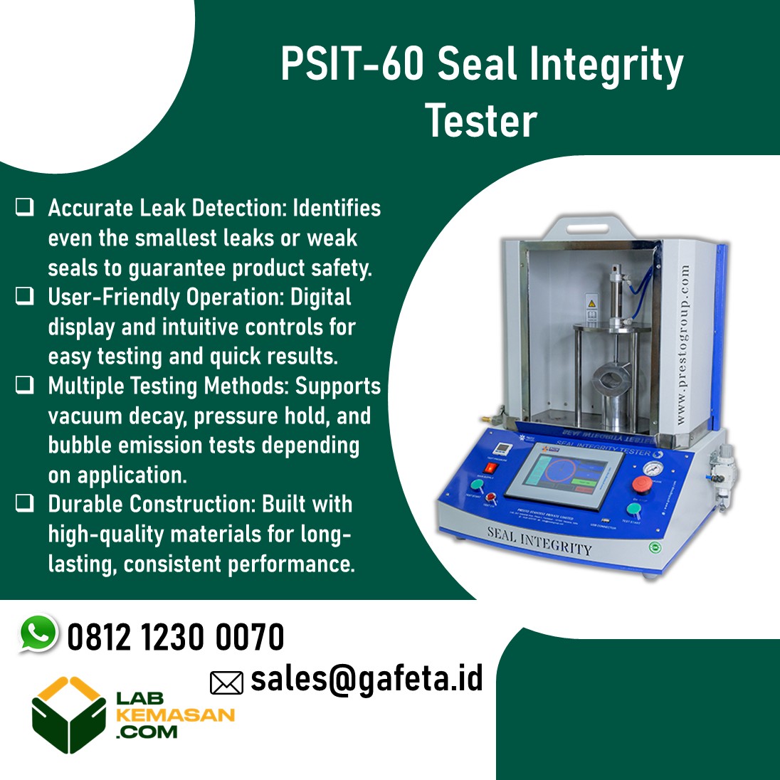 Jual Seal Integrity Tester PSIT-60 | Alat Pendeteksi Kebocoran Kemasan